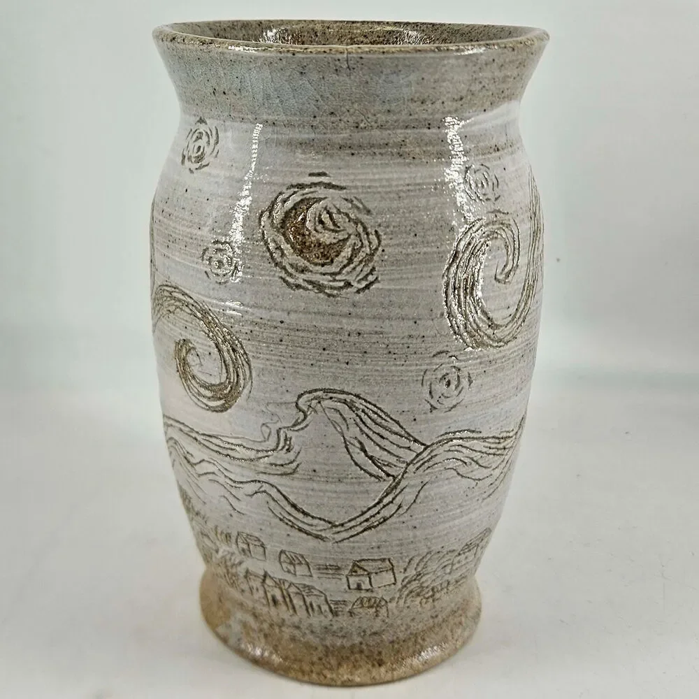 Hand made artist signed pottery folk art style vase fire smoke village scene
